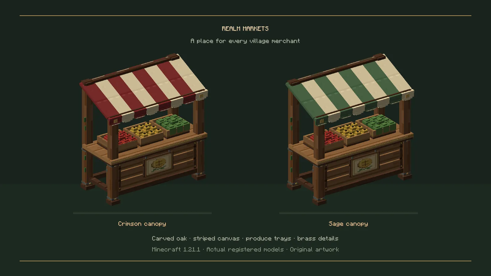 Crimson and green Realm Markets stalls placed in a Minecraft world