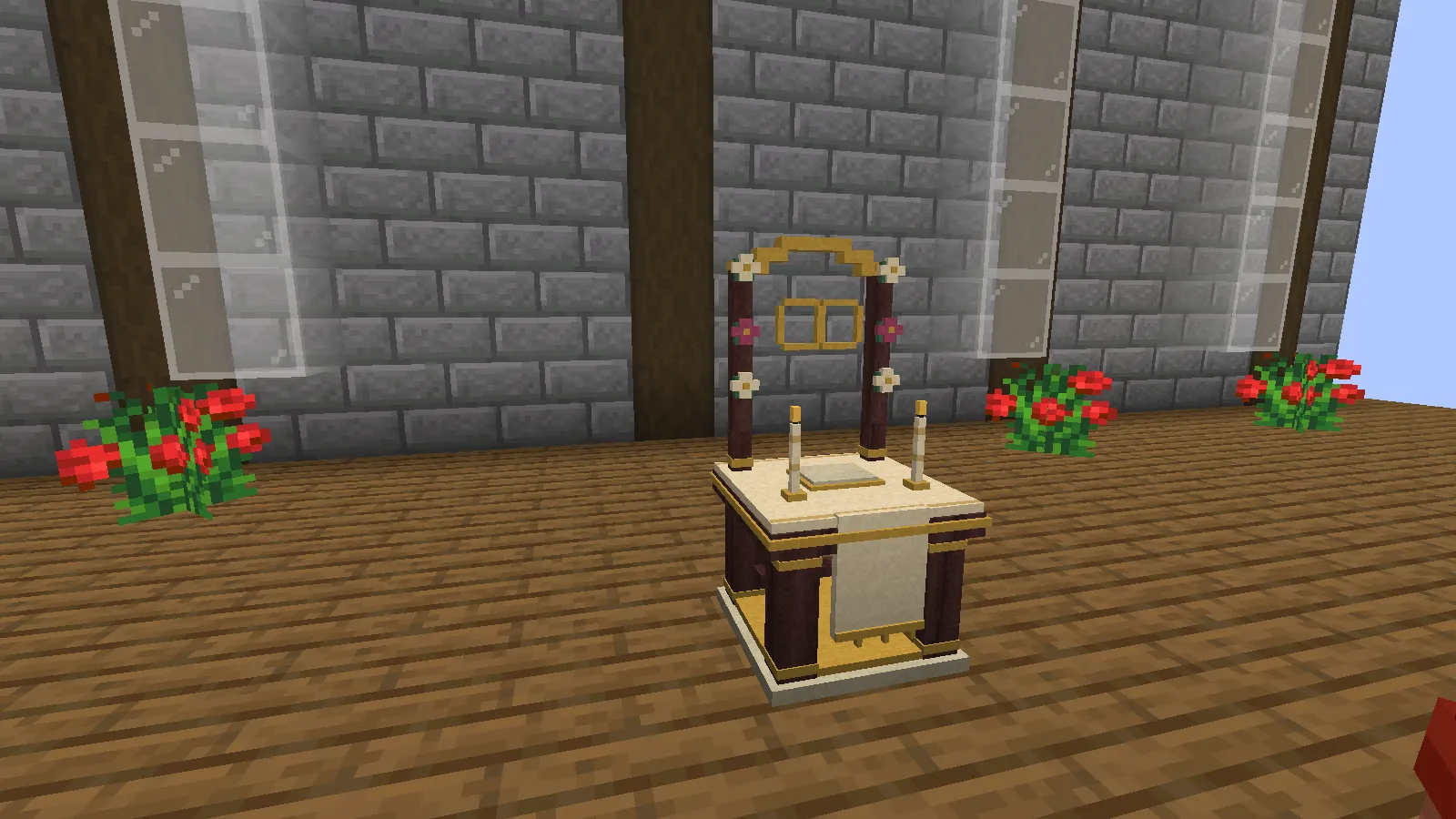 Realm Marriage’s altar prepared for a ceremony in a demonstration Minecraft scene