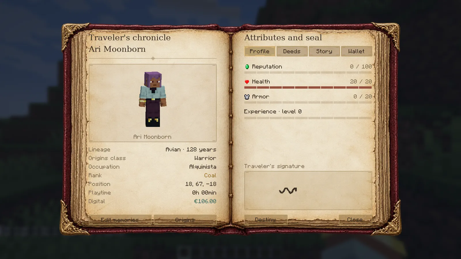 The parchment character book opened to the character sheet